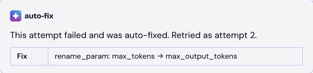 An auto-fix detail showing a failed attempt retried as attempt 2 with the applied patch: rename_param max_tokens to max_output_tokens