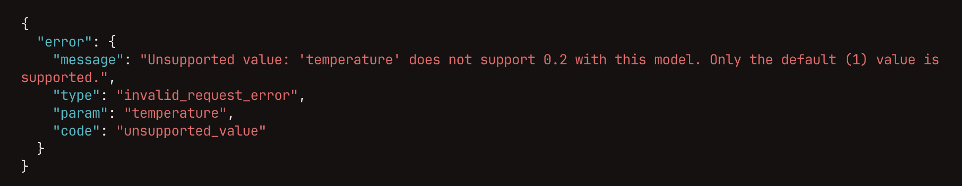 A 400 error response from a provider: unsupported value, temperature does not support 0.2 with this model