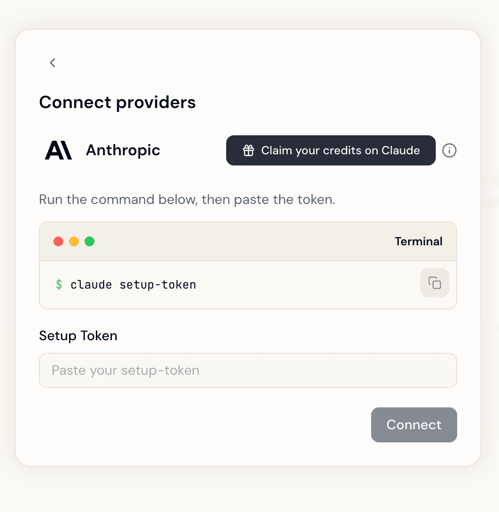 Manifest Connect Providers dialog showing Anthropic with claim credits button and setup token field