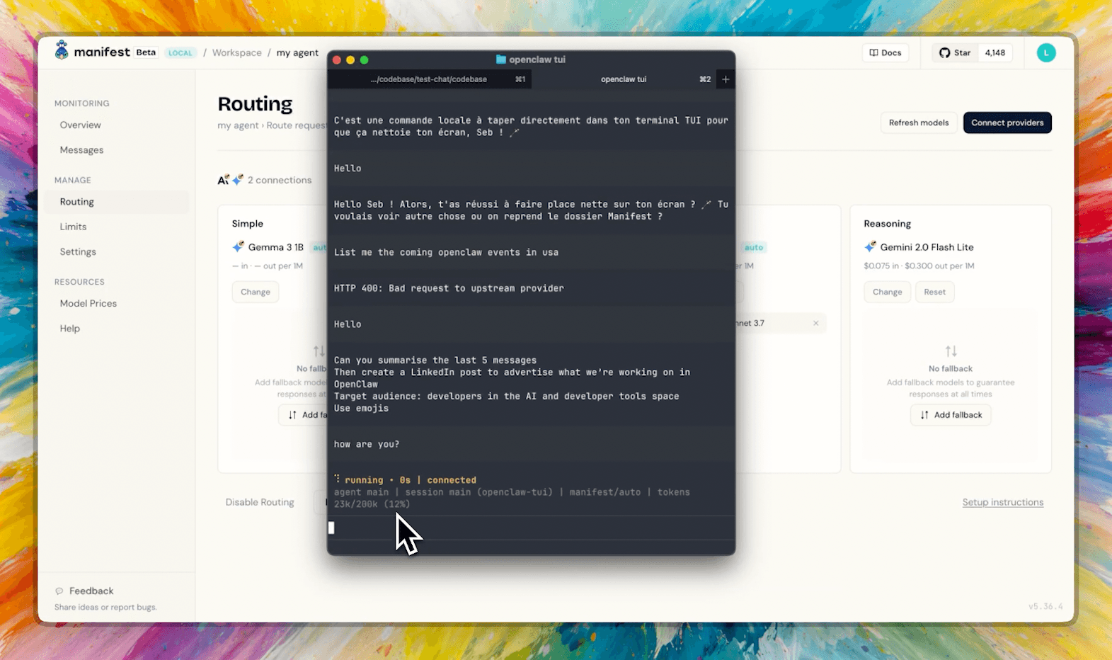 Manifest Cloud dashboard with OpenClaw terminal showing routing in action