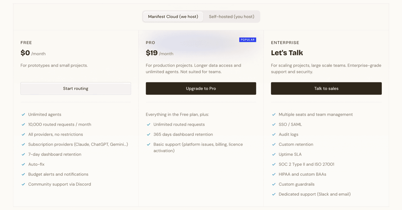 Manifest Cloud pricing plans: Free, Pro, and Enterprise