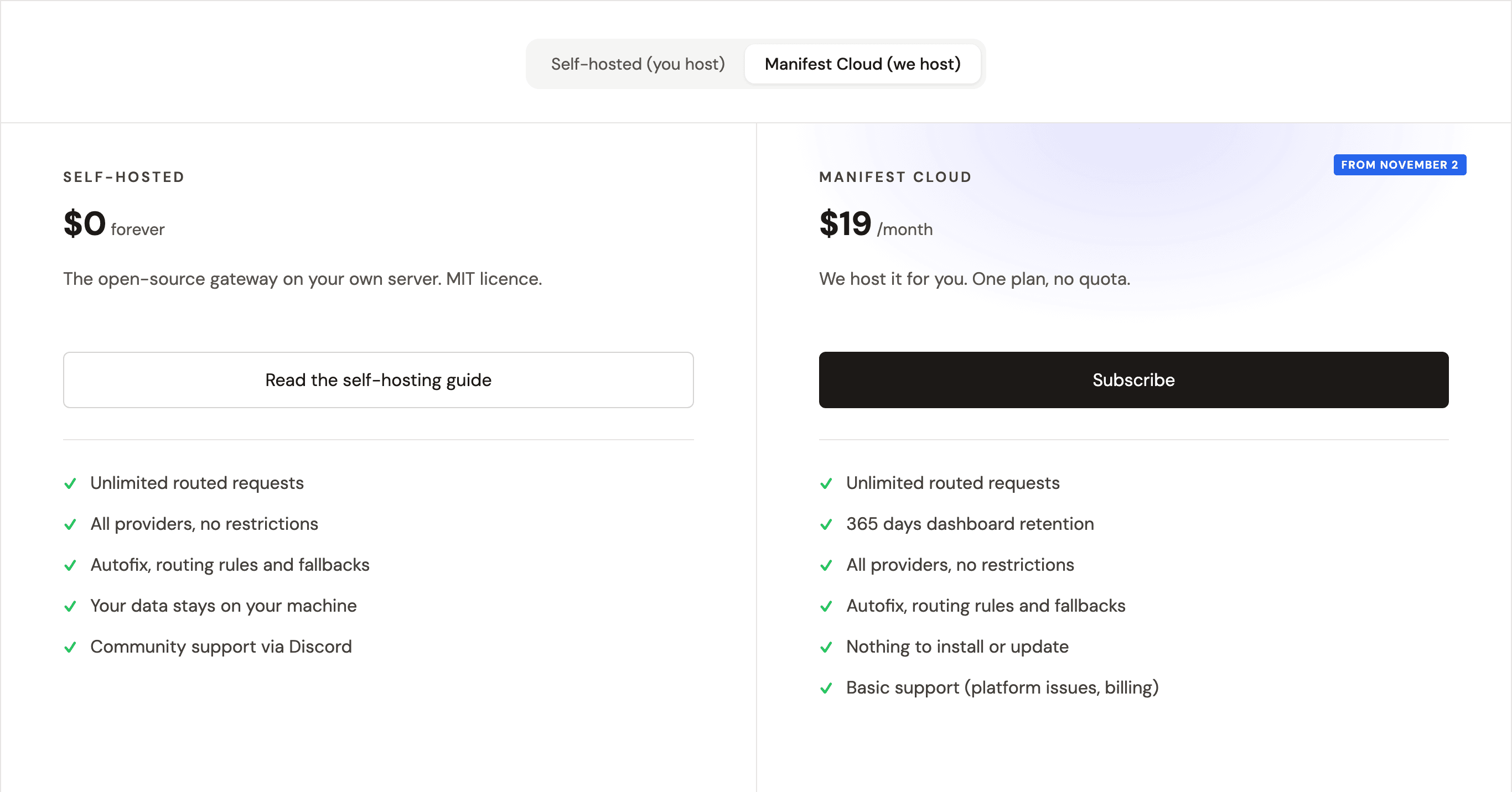 Two ways to run Manifest: self-hosted for free, or Manifest Cloud at $19 per month
