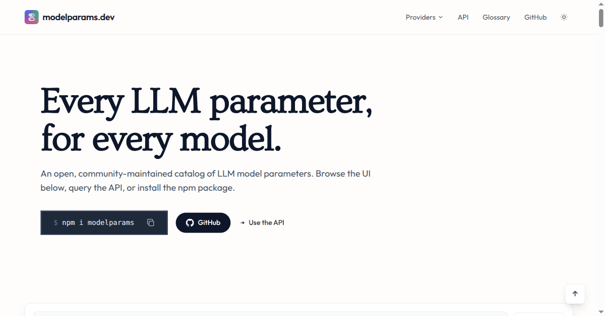The modelparams.dev homepage — an open, community-maintained catalog of every LLM parameter, for every model