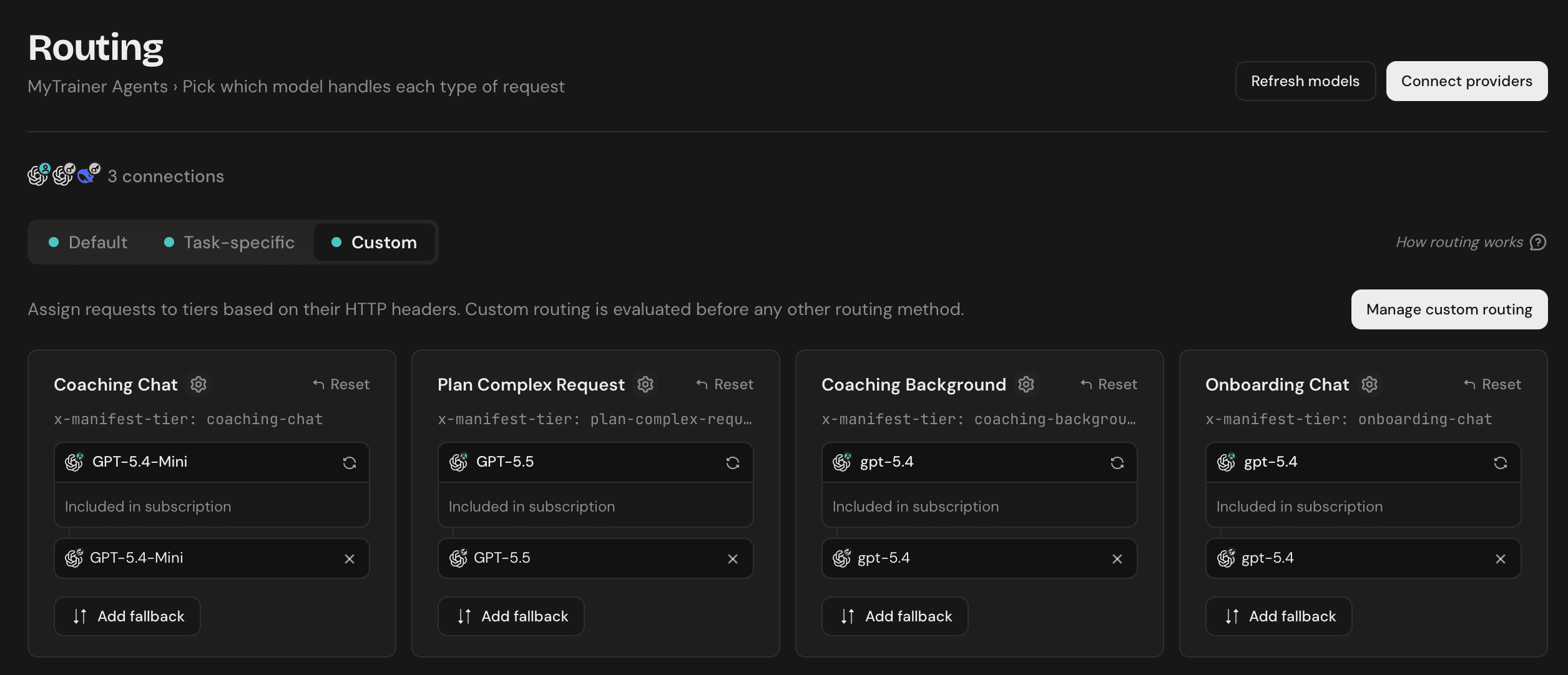 Manifest custom routing dashboard for MyTrainer showing Coaching Chat, Plan Complex Request, Coaching Background, and Onboarding Chat tiers with their assigned models and fallbacks