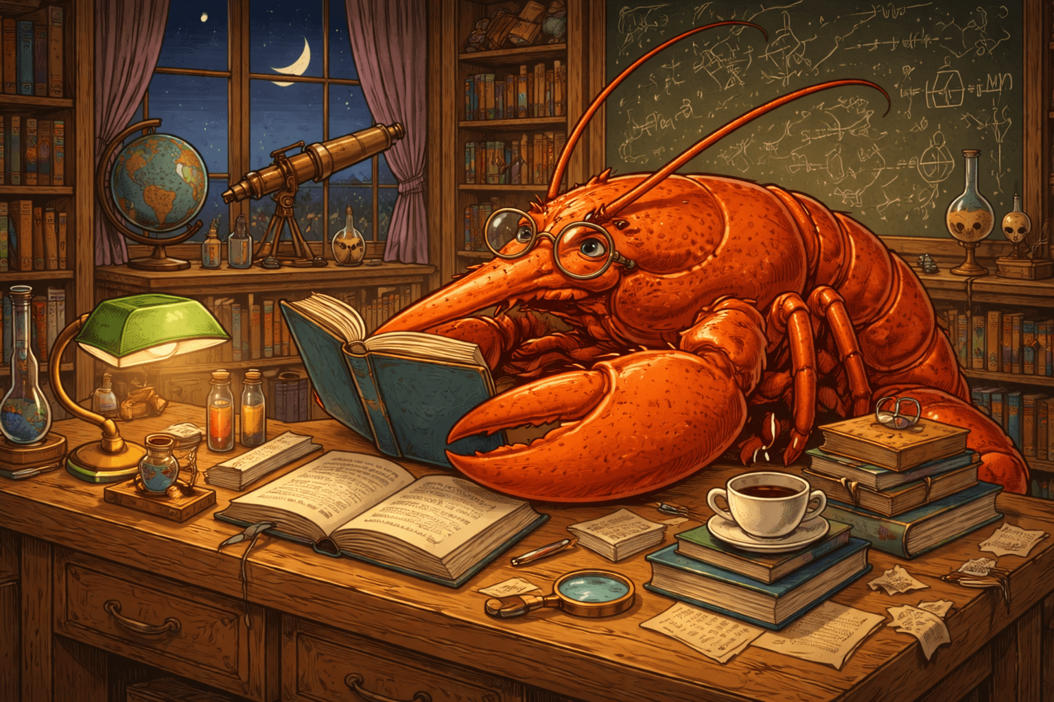 A lobster with glasses reading books at a desk, representing an expert OpenClaw agent
