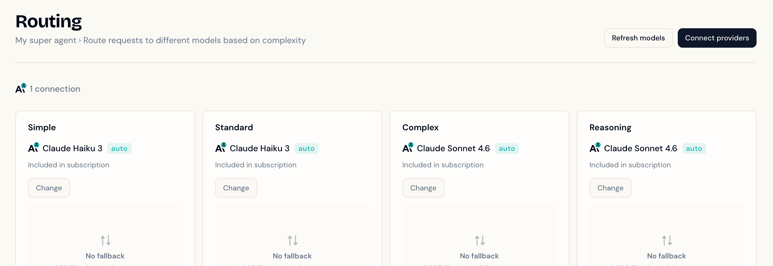 Manifest routing dashboard showing auto-selected models for Simple, Standard, Complex and Reasoning tiers