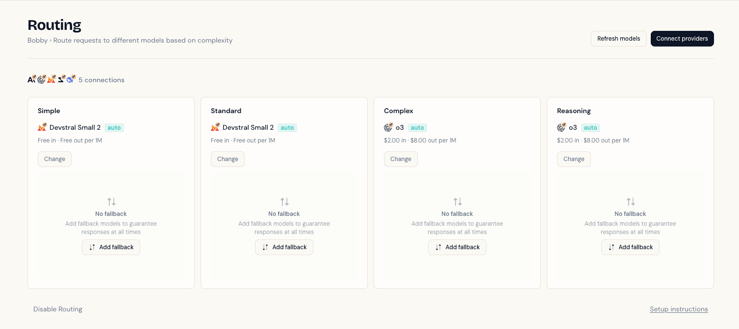 Routing page showing the four tiers