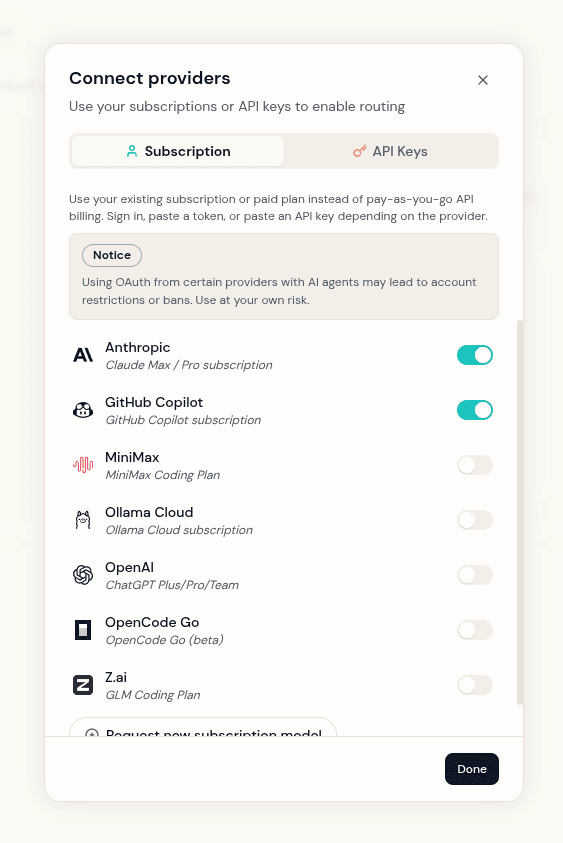 The Connect providers modal in Manifest — toggle Anthropic, GitHub Copilot, MiniMax, Ollama Cloud, OpenAI and other subscriptions on for routing