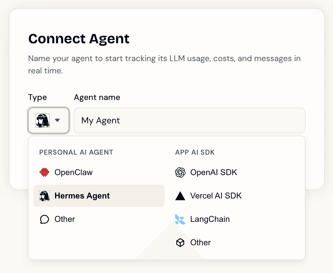 Connect Agent dialog showing supported agent types