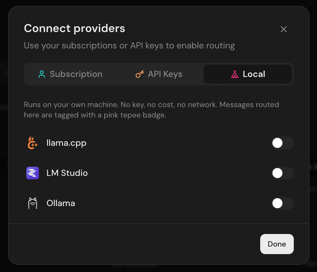 Local providers tab showing llama.cpp, LM Studio, and Ollama