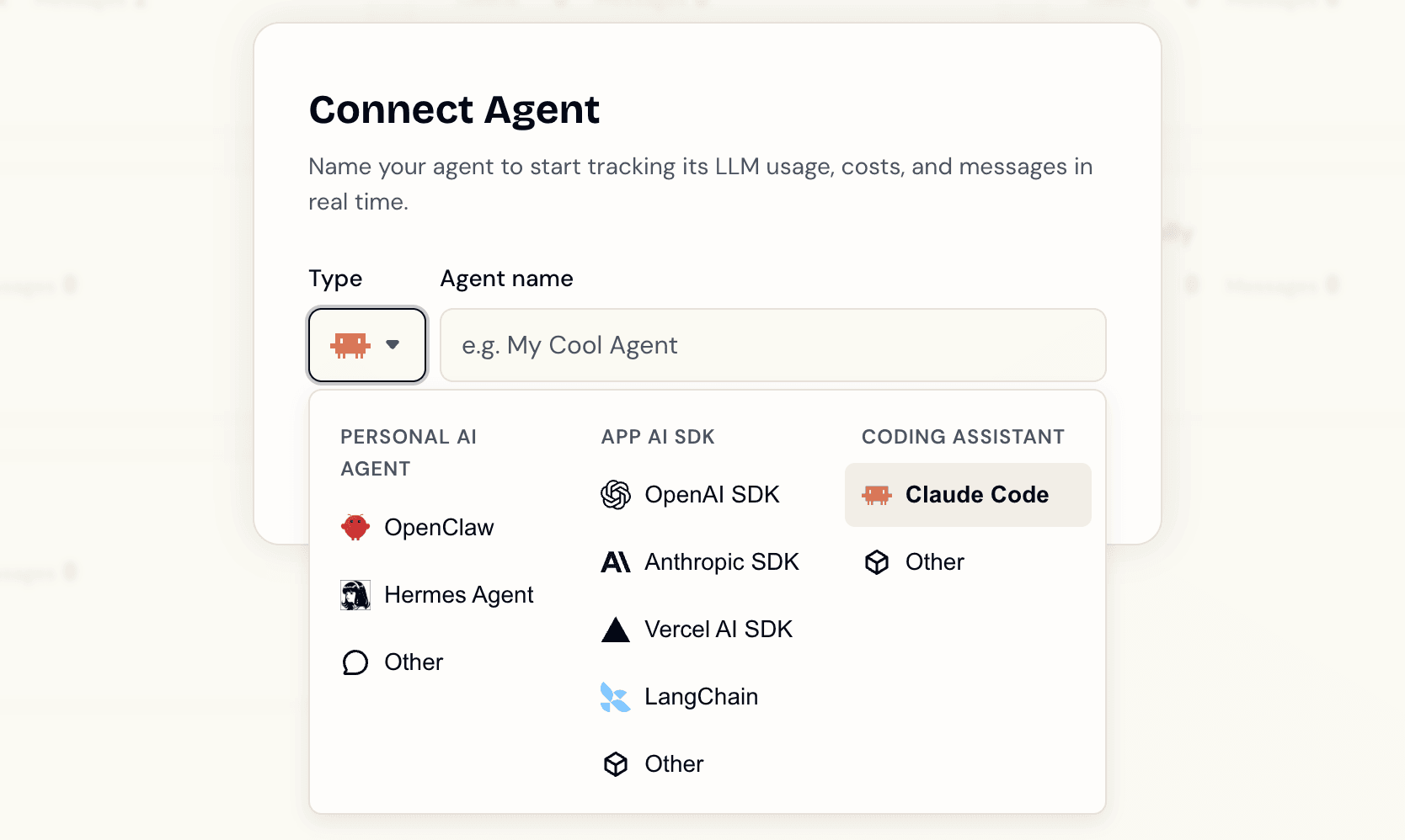 Connect Agent modal showing the new Coding Assistant column with Claude Code